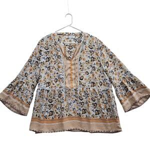 Fever Peasant Top White Orange Floral Flare Sleeve Crochet Size XL Cottage Boho